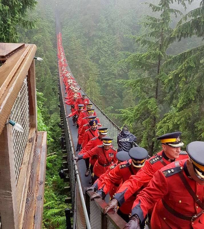 This picture was taken of 150 Royal Canadian Mounted Police officers on the Capilano Bridge, a 460 foot long suspension bridge over the Capilano River, just north of Vancouver, BC from email July2017