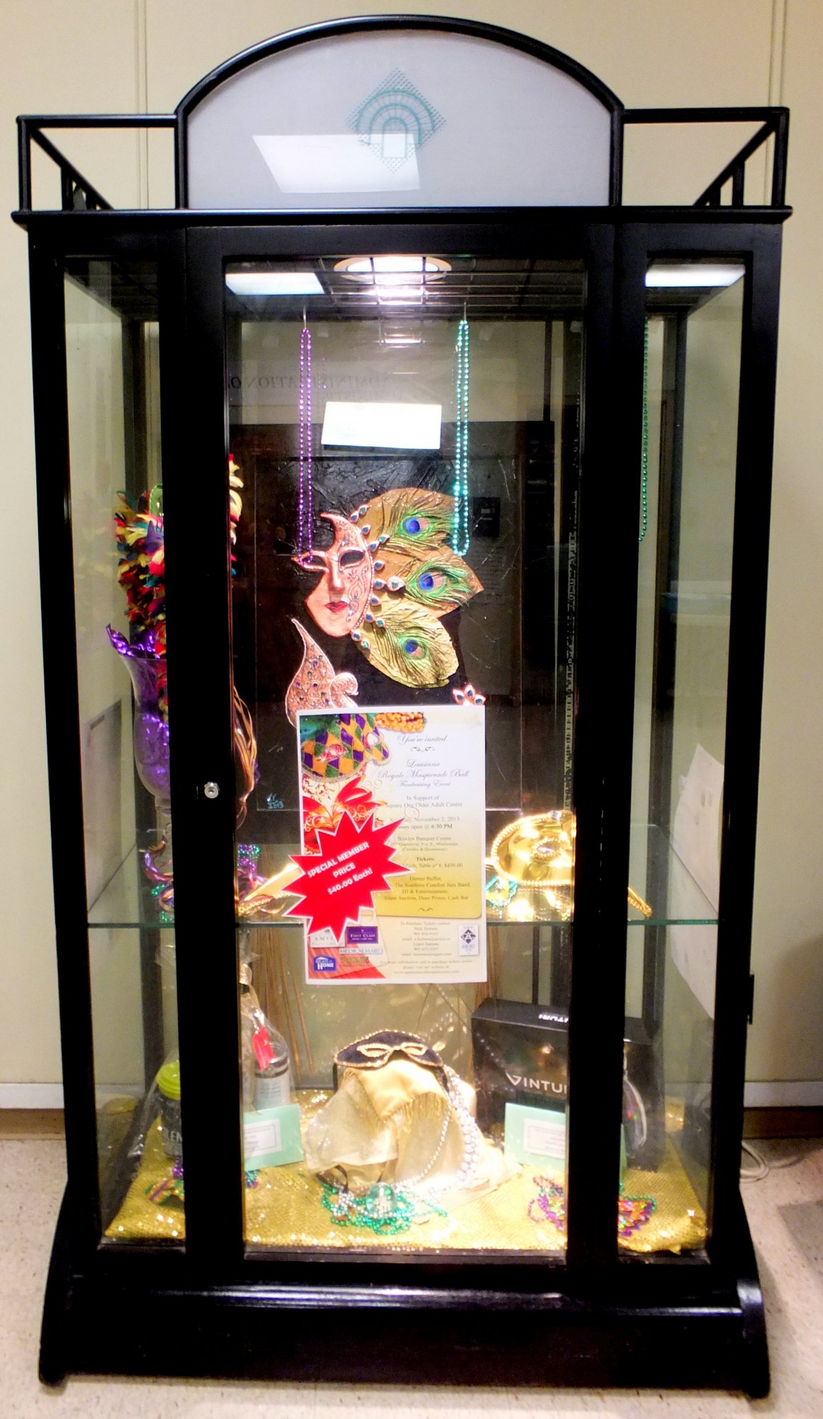 Masquerade Display Case at Older Adult Centre Lobby