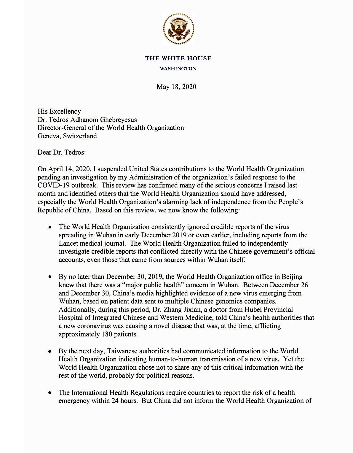 Trump's letter to WHO May 18, 2020, page 1