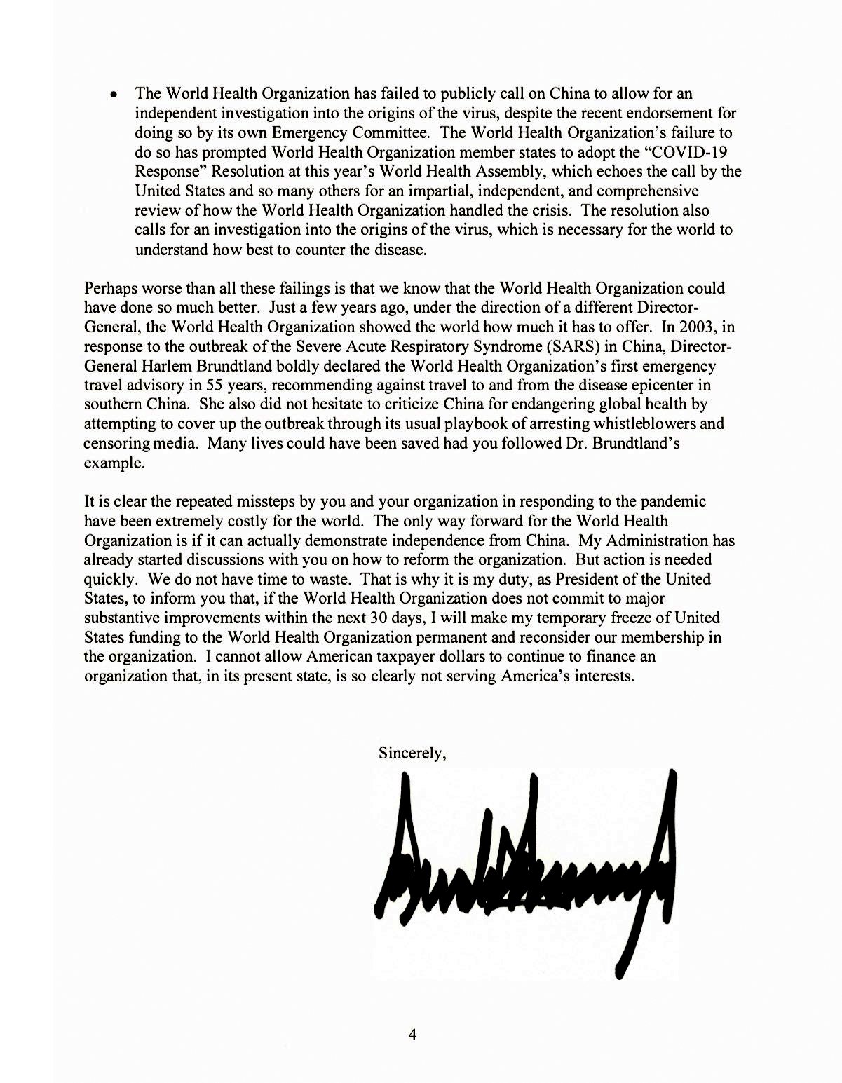 Trump's letter to WHO May 18, 2020, page 4