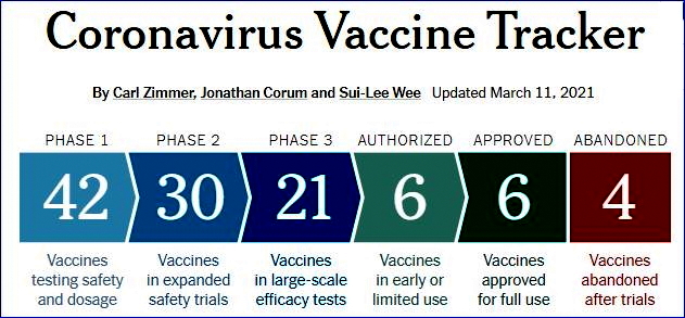 Coronavirus Vaccine Tracker from New York Times, Mar 11, 2021 Google image from https://www.nytimes.com/interactive/2020/science/coronavirus-vaccine-tracker.html