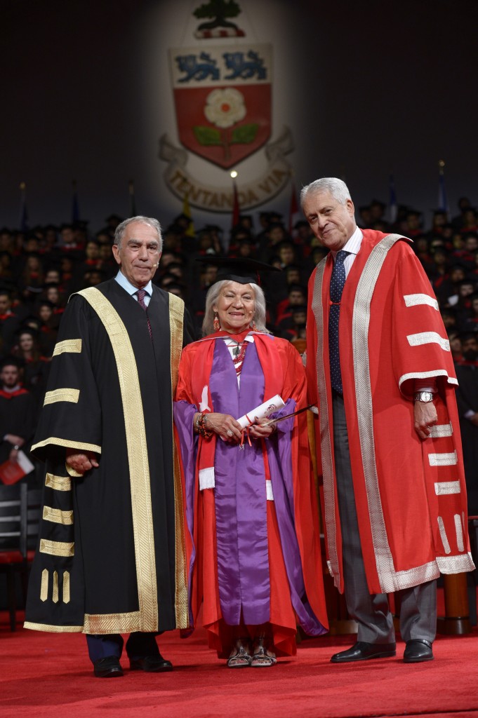 Chancellor Greg Sobara, Jeanette Corbiere Lavell and President and Vice-Chancellor Mamdouh Shoukri Google image from York Univeristy Alumni http://alumniandfriends.yorku.ca/2016/06/22/jeanette-corbiere-lavell-offers-graduates-gift-from-indigenous-ancestors/