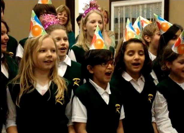 Children from Riverside Public School Choir sing 'Happy Birthday Dear Mayor' on her 91st birthday on Valentine's Day, February 14, 2012 at Port Credit Residences, Retirement Living by the Lake, in Mississauga ON Canada. Video by I Lee