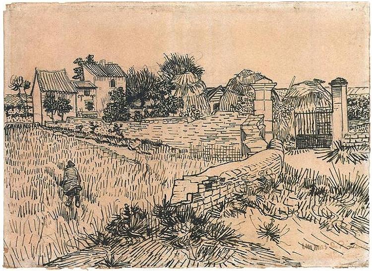 Drawing, Pencil, reed pen, brown ink, Arles: 15-Jun, 1888, Rijksmuseum, Amsterdam The Netherlands, Europe, Van Gogh: Entrance Gate to a Farm with Haystacks Google image from http://www.vangoghgallery.com/catalog/Drawing/904/Entrance-Gate-to-a-Farm-with-Haystacks.html