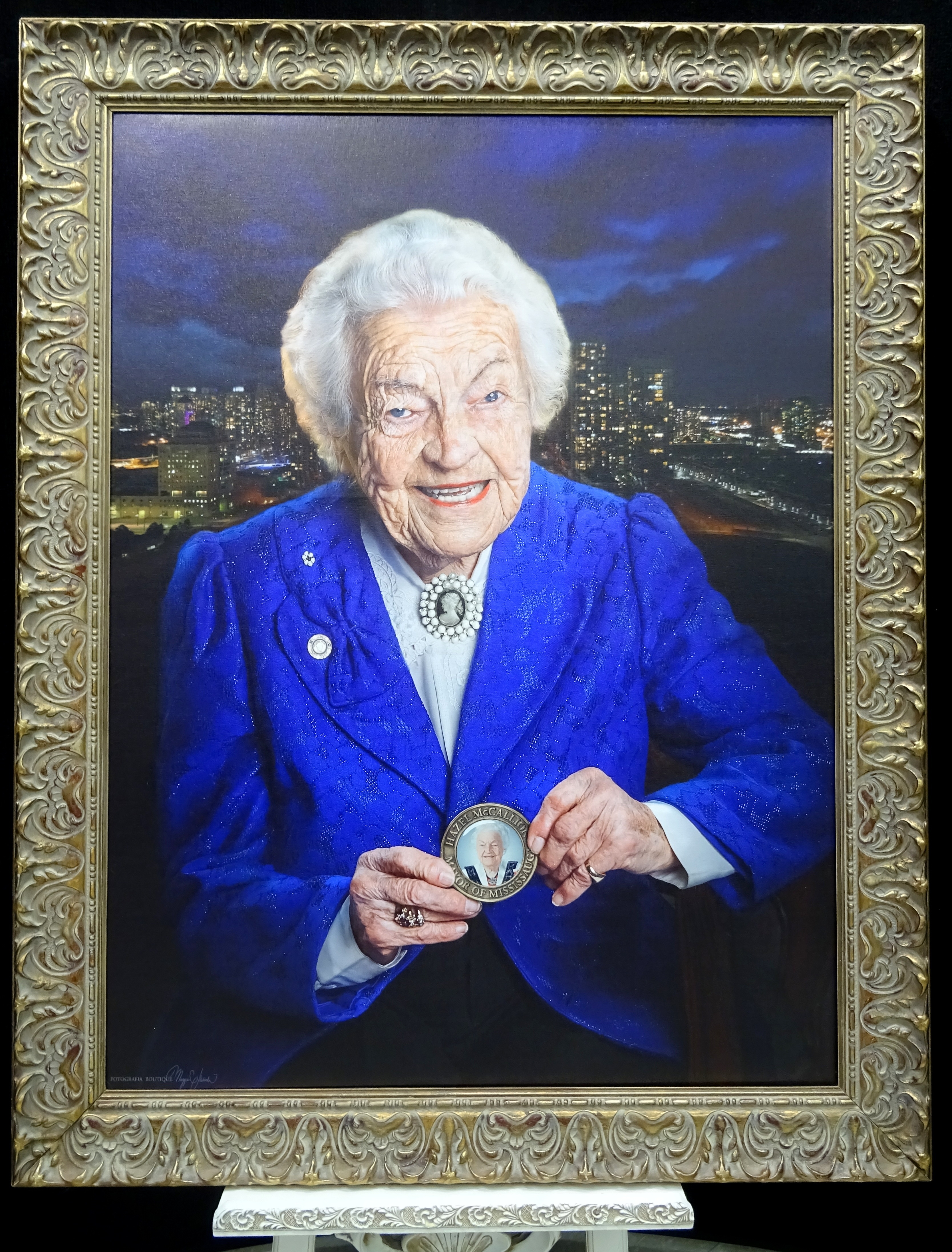 Portrait of Hazel McCallion in Blue by Maggie Habieda of Fotografia Boutique, on display at Hazel McCallion Hall, Vic Johnston C.C. 14 Feb. 2017