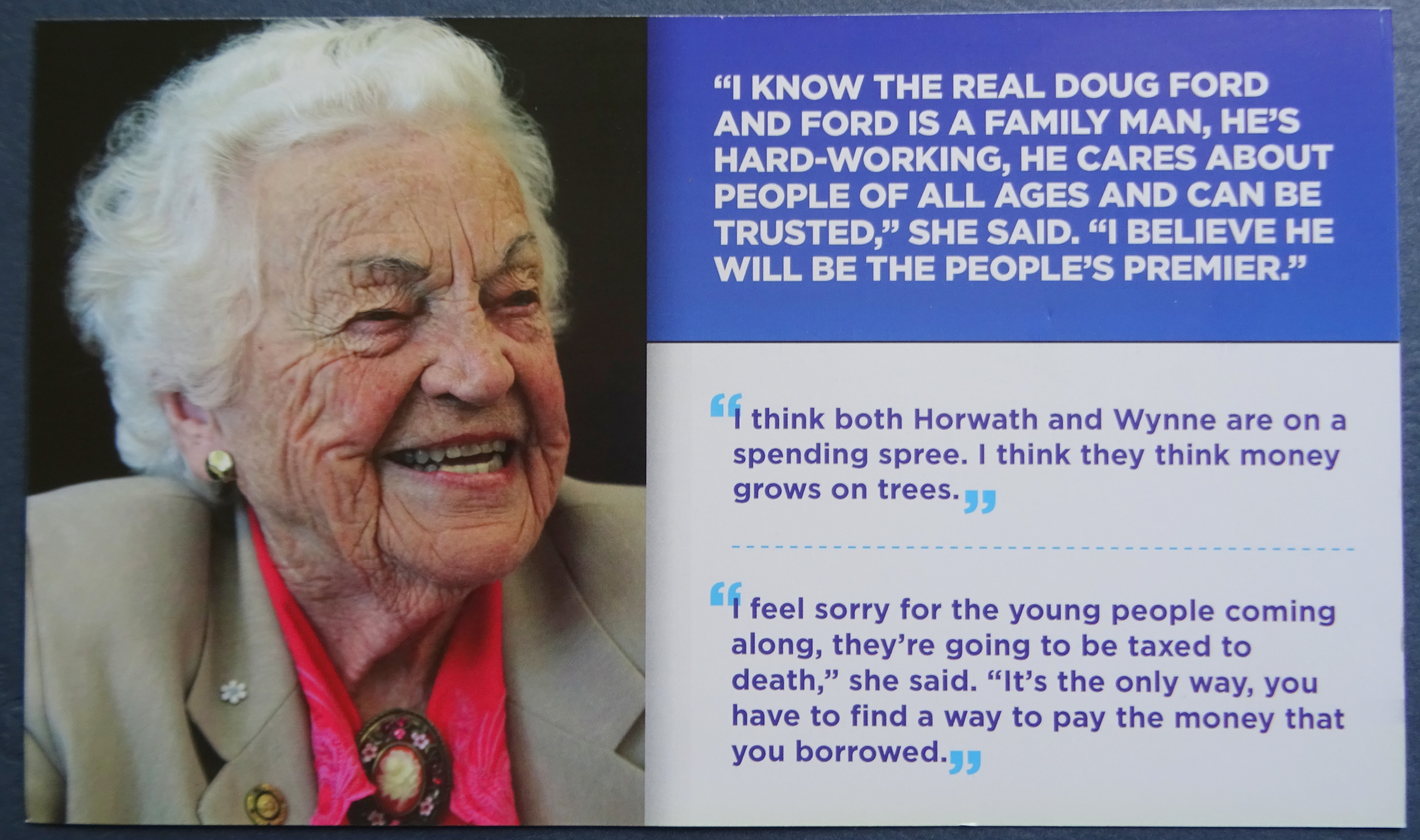 Hazel McCallion endorses Doug Ford, PC ad card delivered to door by PC party helper for Natalia Kusendova, PC Candidate for Mississauga Central