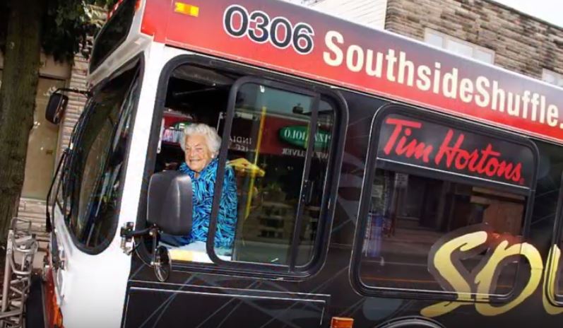 Mayor Hazel McCallion driving Tim Hortons Southside Shuffle Bus 6 Sept. 2014 Google image from 
