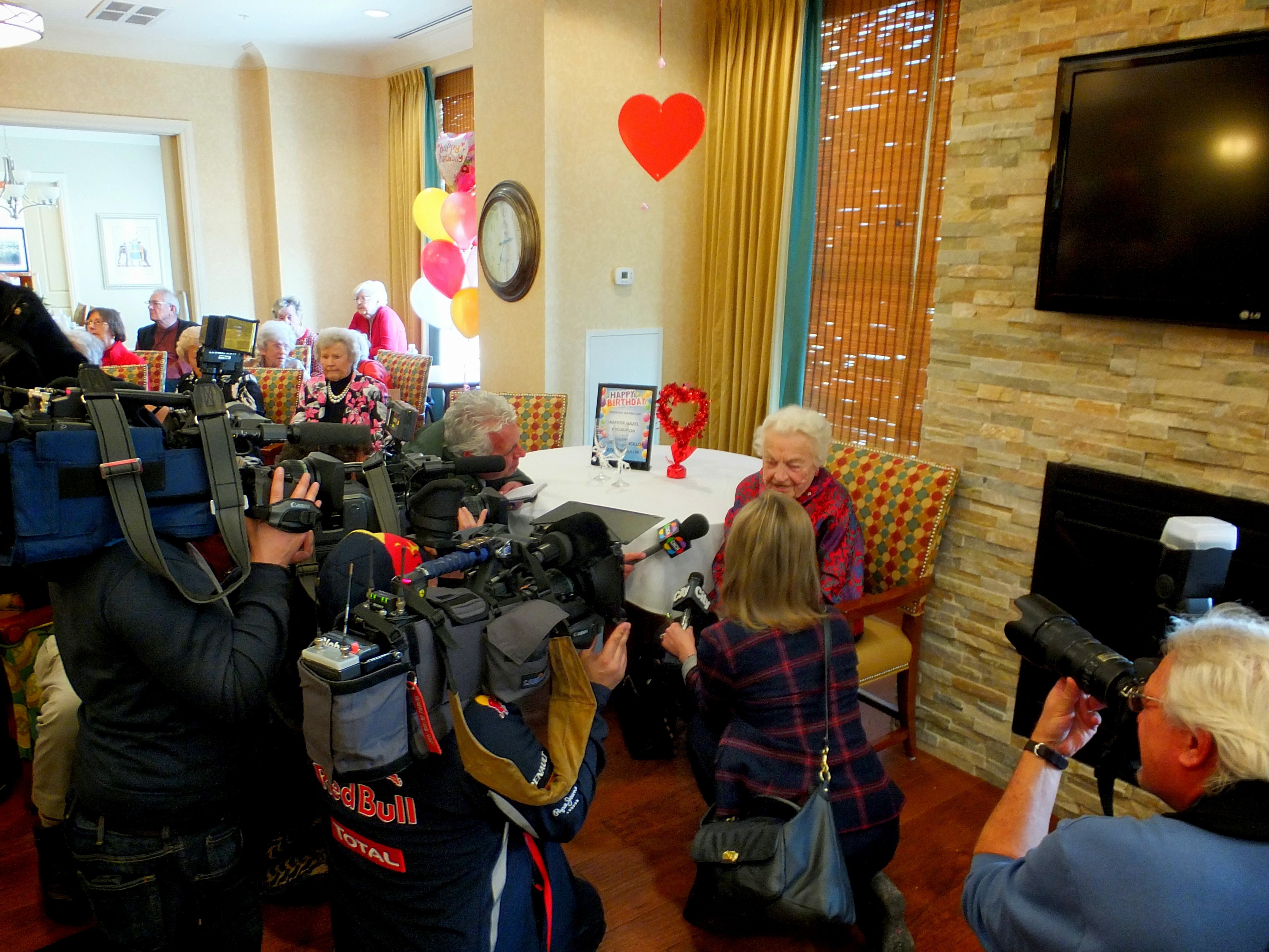 Mayor Hazel McCallion being interviewed by media: CHCH, City TV, Global News at Walden Circle, Photo by I Lee, Feb. 14, 2014