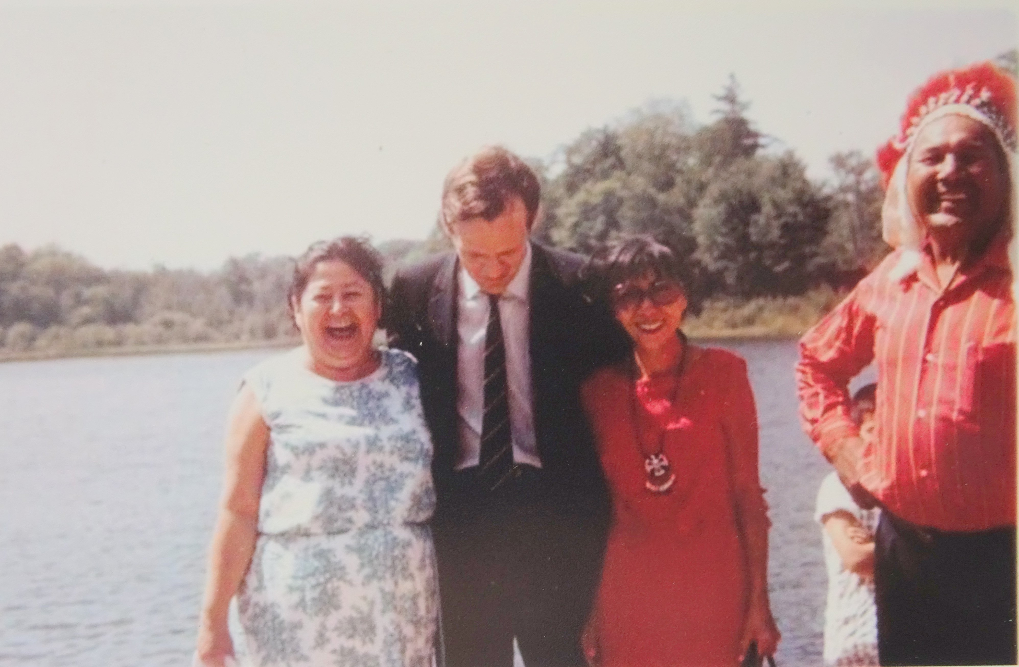 Hettie Sylvester, Jean Chretien (Minister of Indian Affairs and Northern Development), Irene and Chief of Christian Island, circa 1969. Photo taken by Mildred Redmond