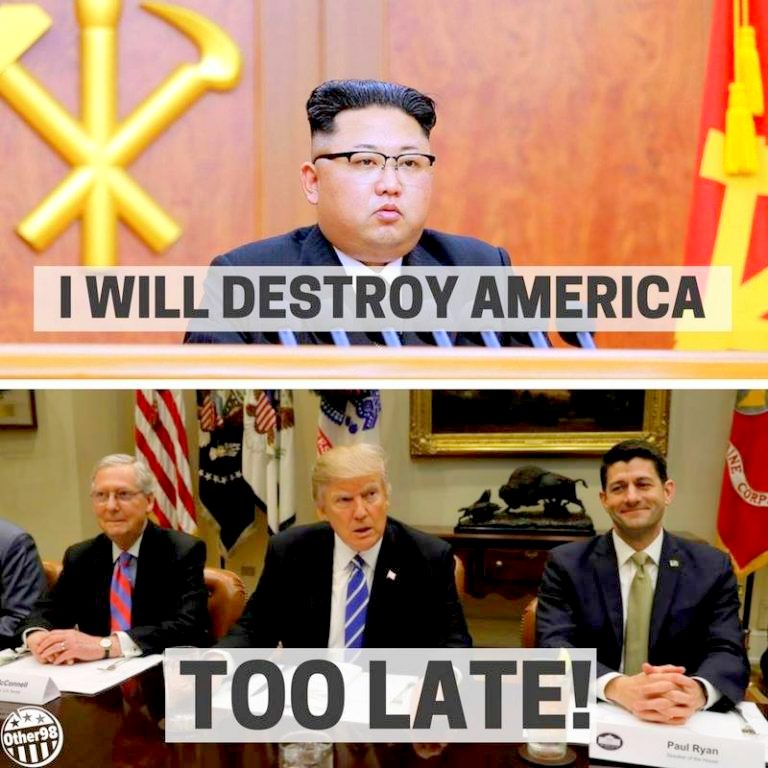 Kim Jong Un: I will destroy America. Too late. Google image from https://www.pinterest.ca/pin/476537204315175842/