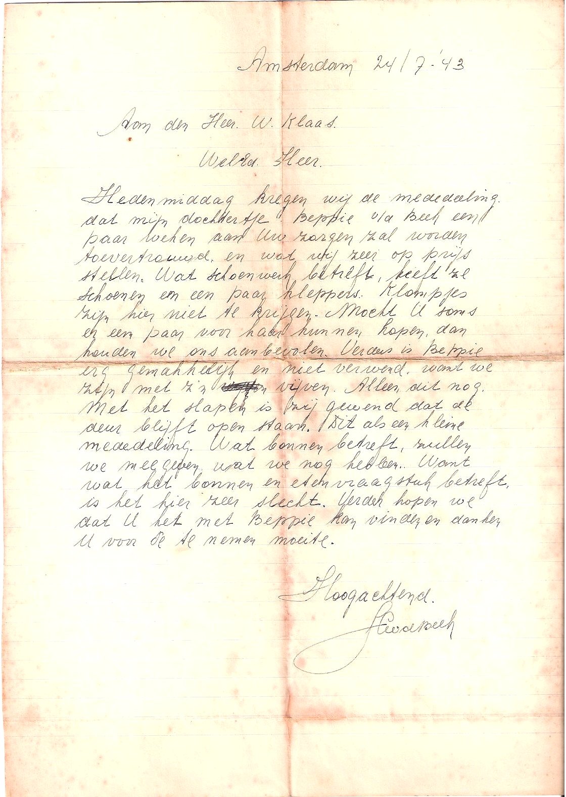 Letter from Beppie Van de Beek's Parent July 24, 1943