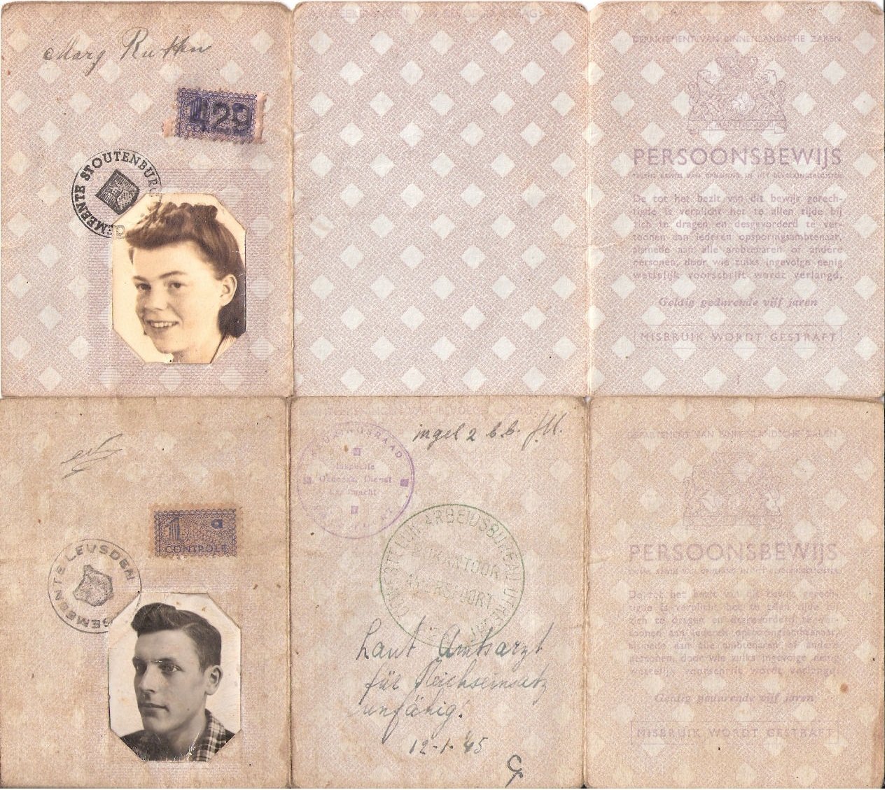 Documents showing photos of Margaret and Carl Kaas in 1945
