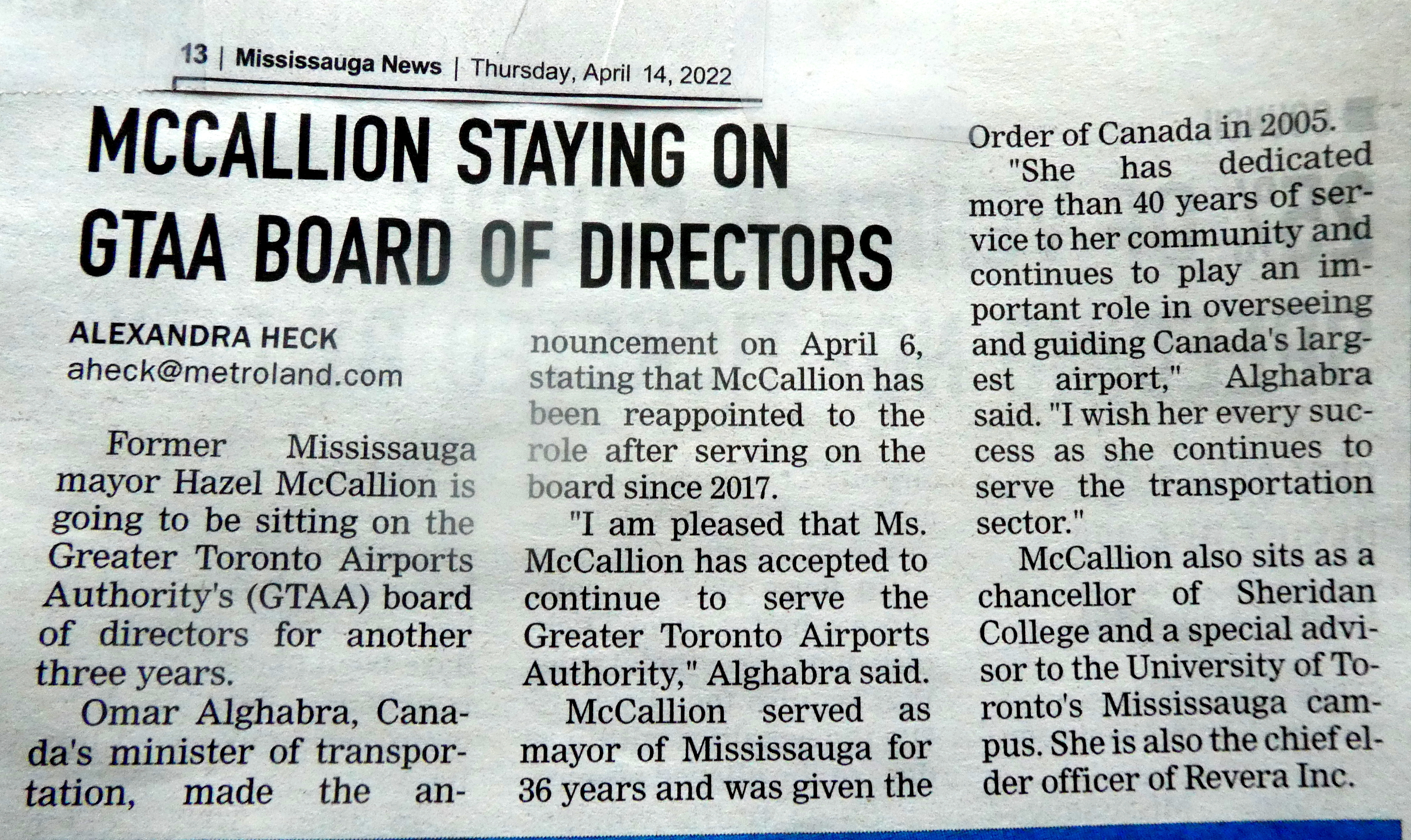 McCallion Staying On GTAA Board of Directors, Mississauga News Apr 14, 2022, p.13