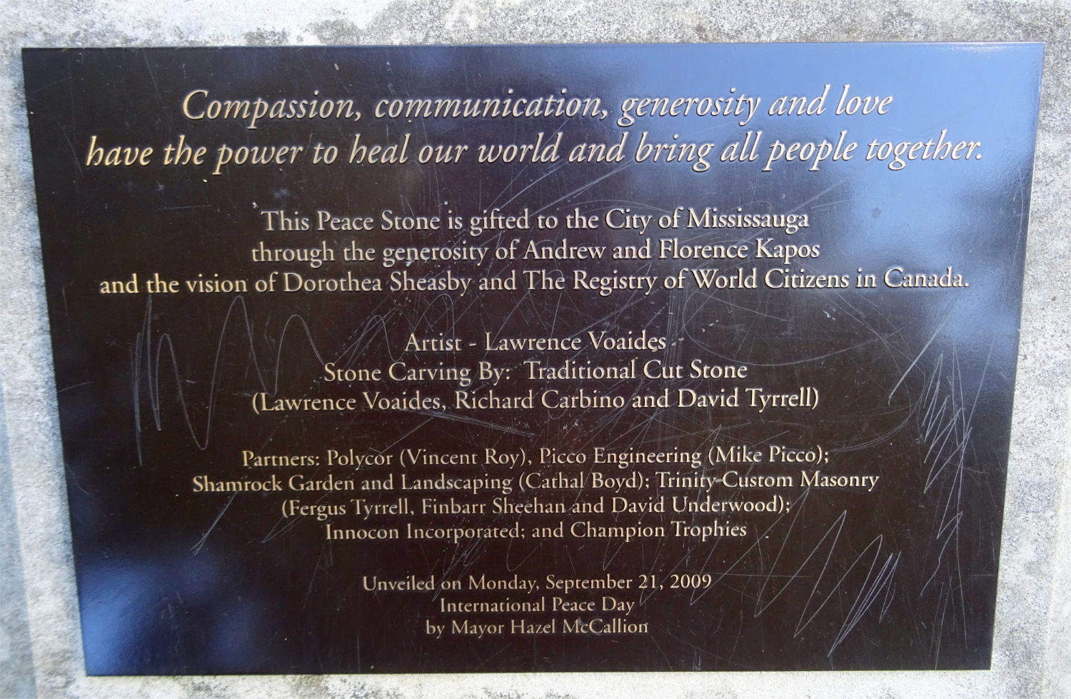 Peace Stone Unveiled by Mayor Hazel McCallion on September 21, 2009 by the shores of Lake Ontario in Richard's Memorial Park, 804 Lakeshore Road West, Mississauga ON L5H 1E5 Canada Photo by I Lee 27 Sep 2016