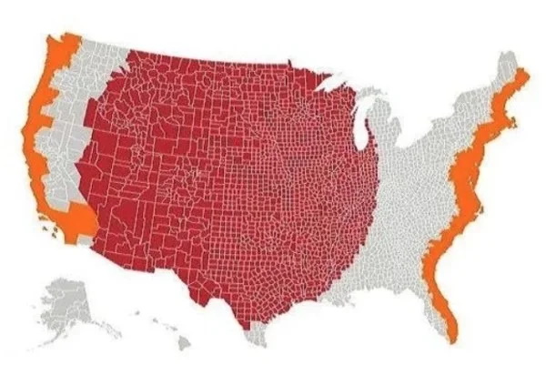 Red and orange sections have equal populations in the United States