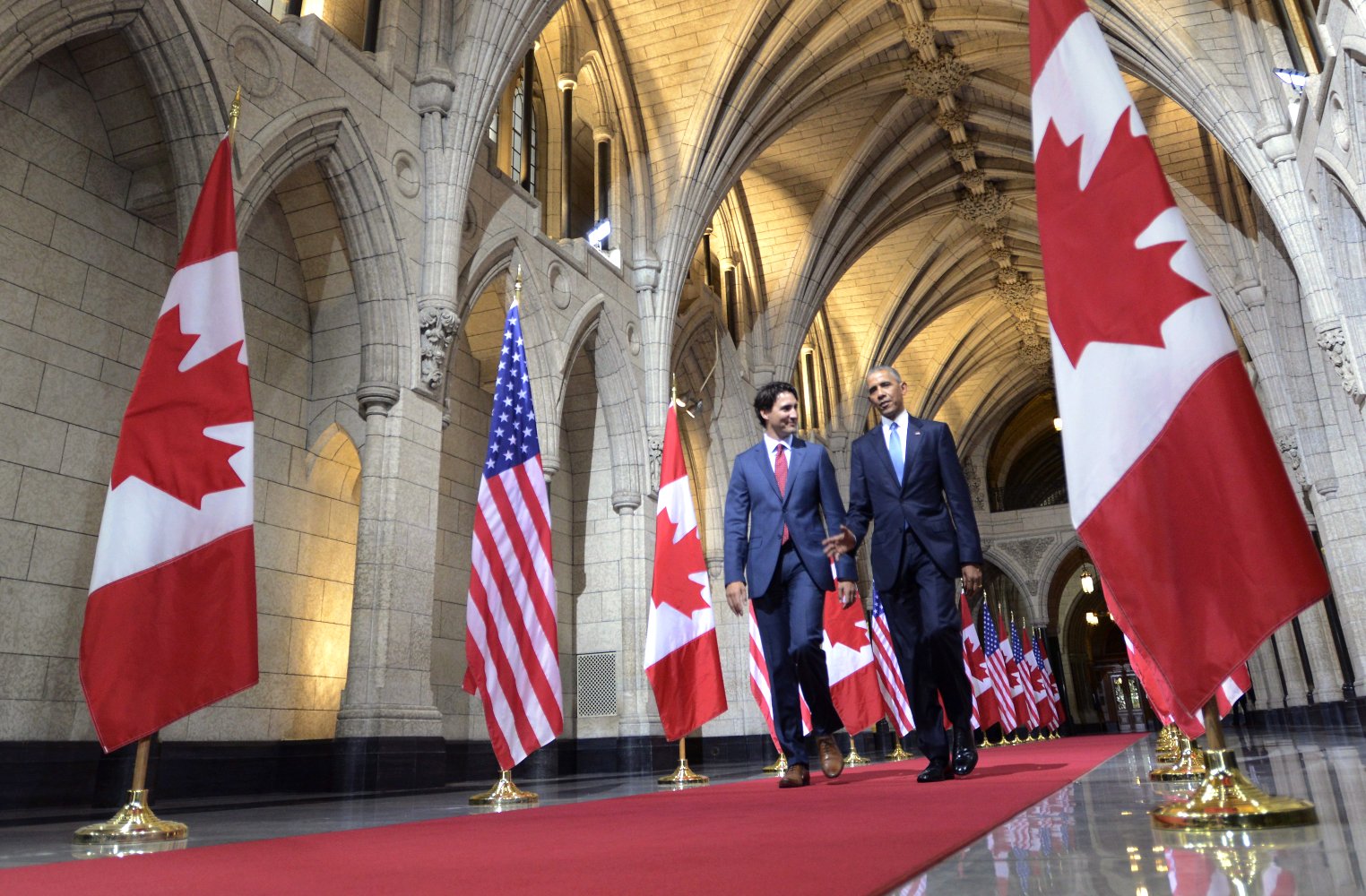 Prime Minister Justin Trudeau and U.S. President Barack Obama walk down the Hall of Honour on Parliament Hill on Wednesday, June 29, 2016 in Ottawa. Google image from https://www.macleans.ca/politics/ottawa/president-obamas-speech-to-house-of-commons-the-full-text/
