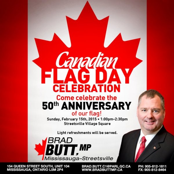 Brad Butt MP 50th Anniversary Canadian Flag Day Celebration 15 Feb 2015 image from http://bradbuttmp.ca/brads-briefs/