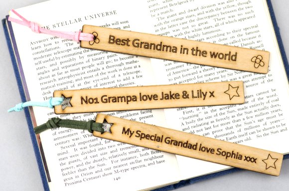 Leathercraft bookmarks Google image from https://www.wearescamp.co.uk/products/grandparent-laser-cut-wooden-bookmark