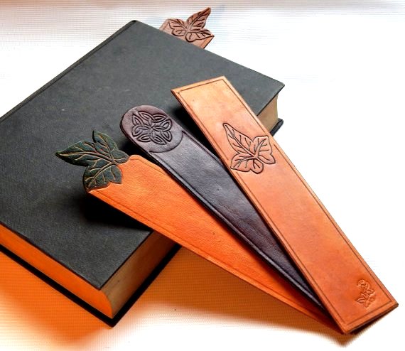 Leathercraft bookmarks Google image from https://folksy.com/items/5314201-Leather-Bookmarks-leaf-Celtic-knot-bookmark-3rd-anniversary-gift