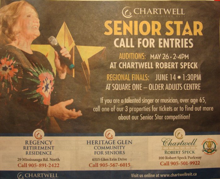 Chartwell's Senior Star Competition 14 June 2011 at Older Adult Centre, from p. 27, Mississauga News, 20 April 2011.