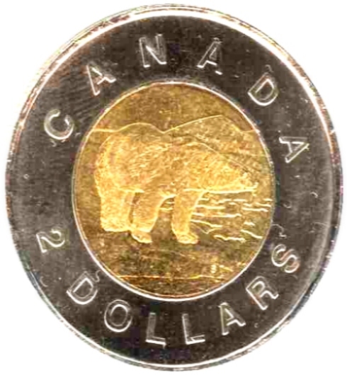 Toonie 
Google image from http://danicouture.files.wordpress.com/2010/04/polar_bear_canadian_dollars_toonie_coin_reverse.jpg
