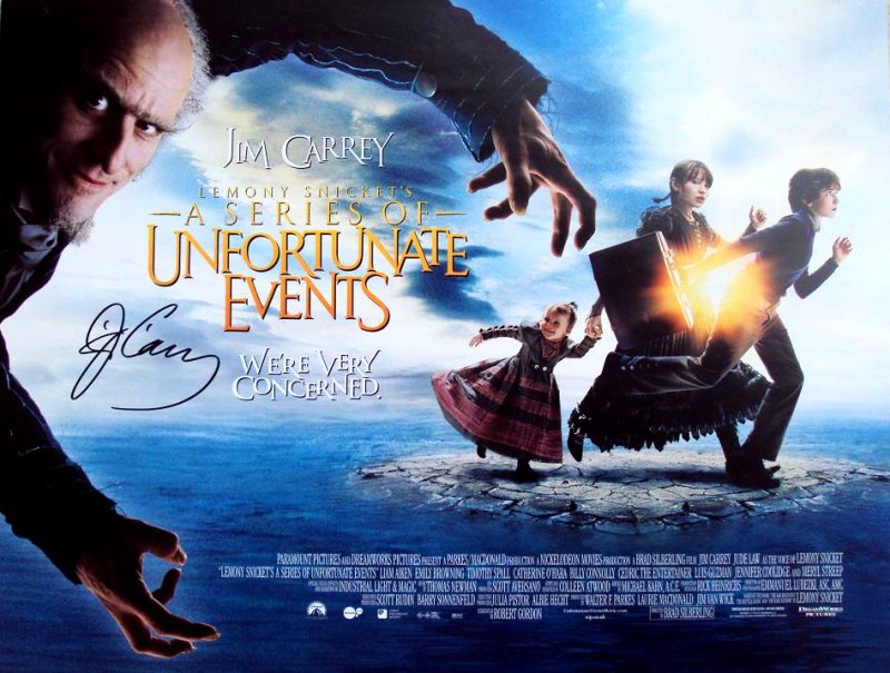 Lemony Snicket's A Series of Unfortunate Events (2004) Movie Poster Google image from http://www.southernswords.co.uk/jim-carrey-signed-movie-poster---lemony-snickets-5638-p.asp