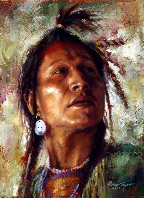 Woodland Native - Always Watchful Crow Indian painting by James Ayers image 2005-ALWAYES-WATCHFUL-CROW-OIL-ON-CANVAS-2005-12X9__35795.1422386528.1280.1280.jpg from http://www.jamesayers.com/always-watchful-crow/